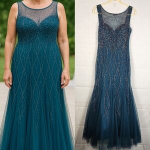 Xscape Beaded Embellished Wedding Mother of The Bride Evening Maxi Gown Green 10